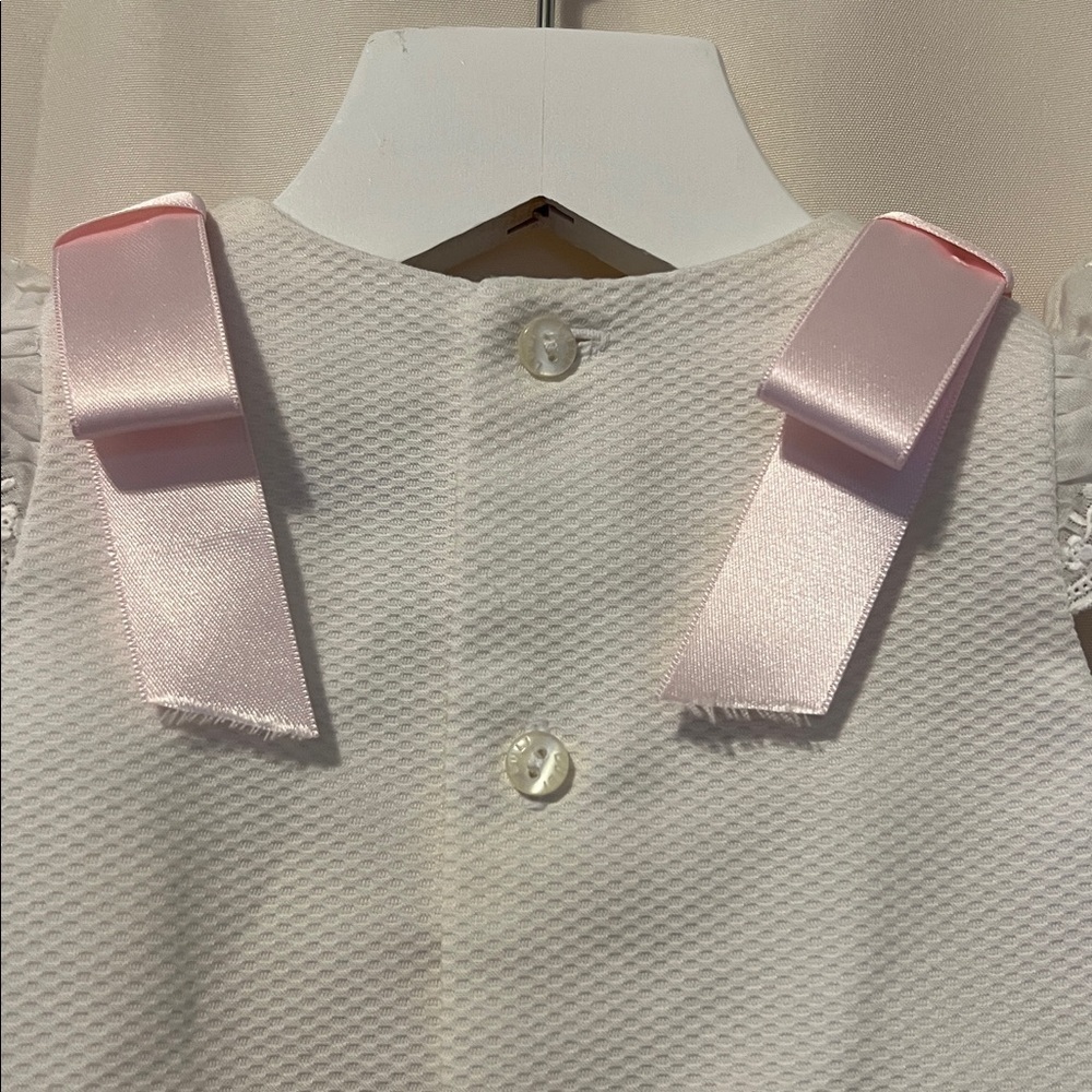 Luli & Me Timeless A Line white pique dress w/pink embroidery and bows size 6M - Picture 5 of 11